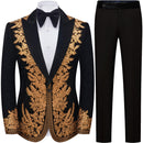 Men's Luxury Gold Embroidered Black Velvet Tuxedo