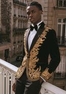 Smoking de luxe en velours noir brodé doré pour homme