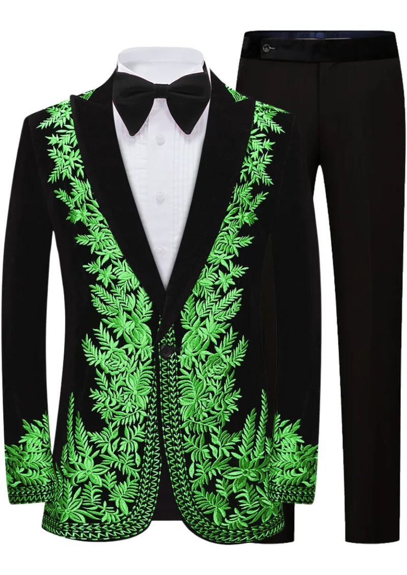 Black tuxedo with green leaf patterns on a white background