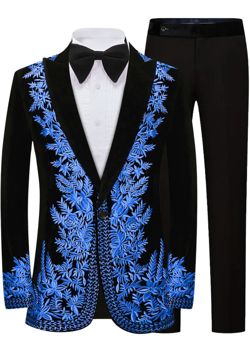 Black tuxedo with blue floral embroidery on a white background