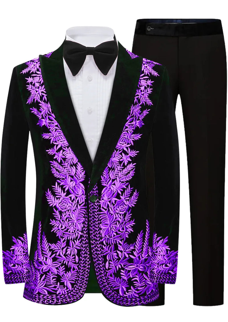 Black tuxedo with purple floral embroidery on a white background