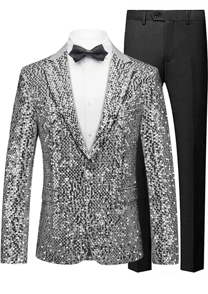Silver sequin blazer with black bow tie and black pants on a white background