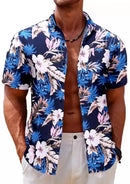 Men's Navy Floral Print Short Sleeve Shirt with Turn-down Collar-1