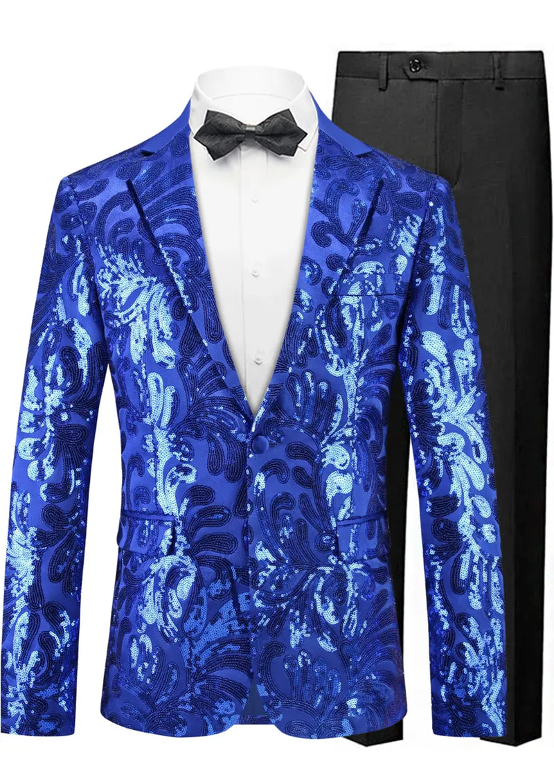 Blue paisley suit jacket with black bow tie and black pants on a white background