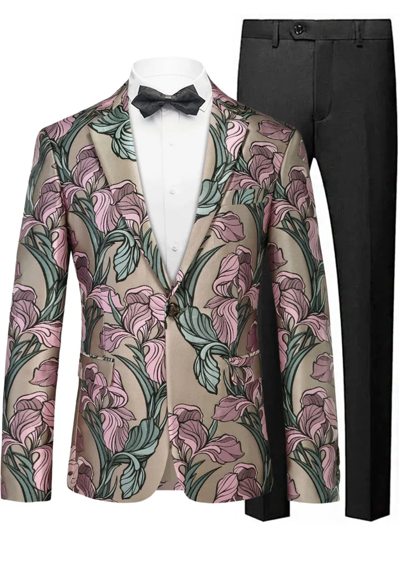 Floral-patterned suit jacket with black bow tie and pants on a mannequin against a white background