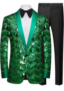 Green sequin blazer with black pants on a white background
