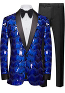 Blue sequin tuxedo jacket with black lapels and pants on a mannequin against a white background