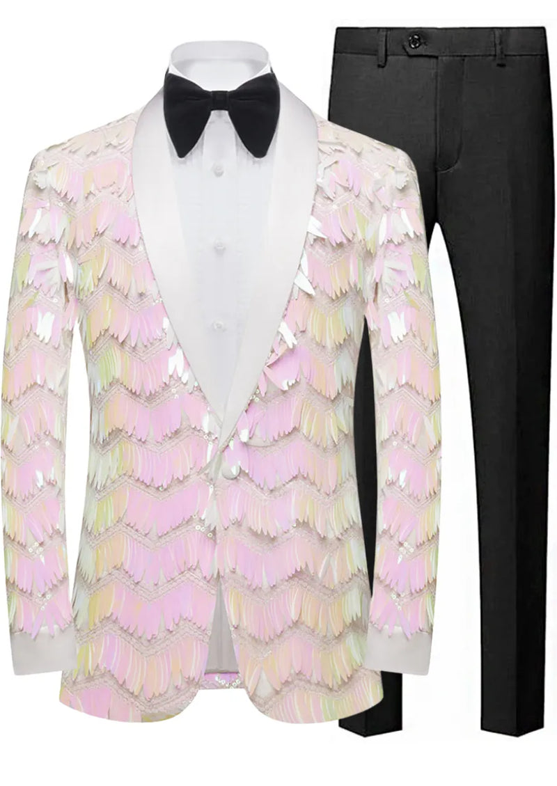 Pastel sequin jacket with black bow tie and pants on a white background