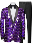 Purple sequin tuxedo jacket with black lapels and pants on a mannequin.