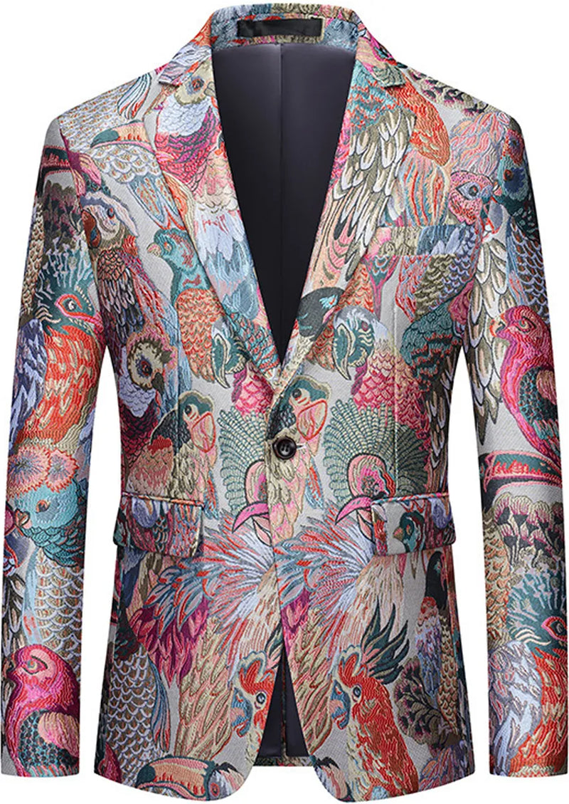 Veste homme en jacquard multicolore à un bouton motif paon
