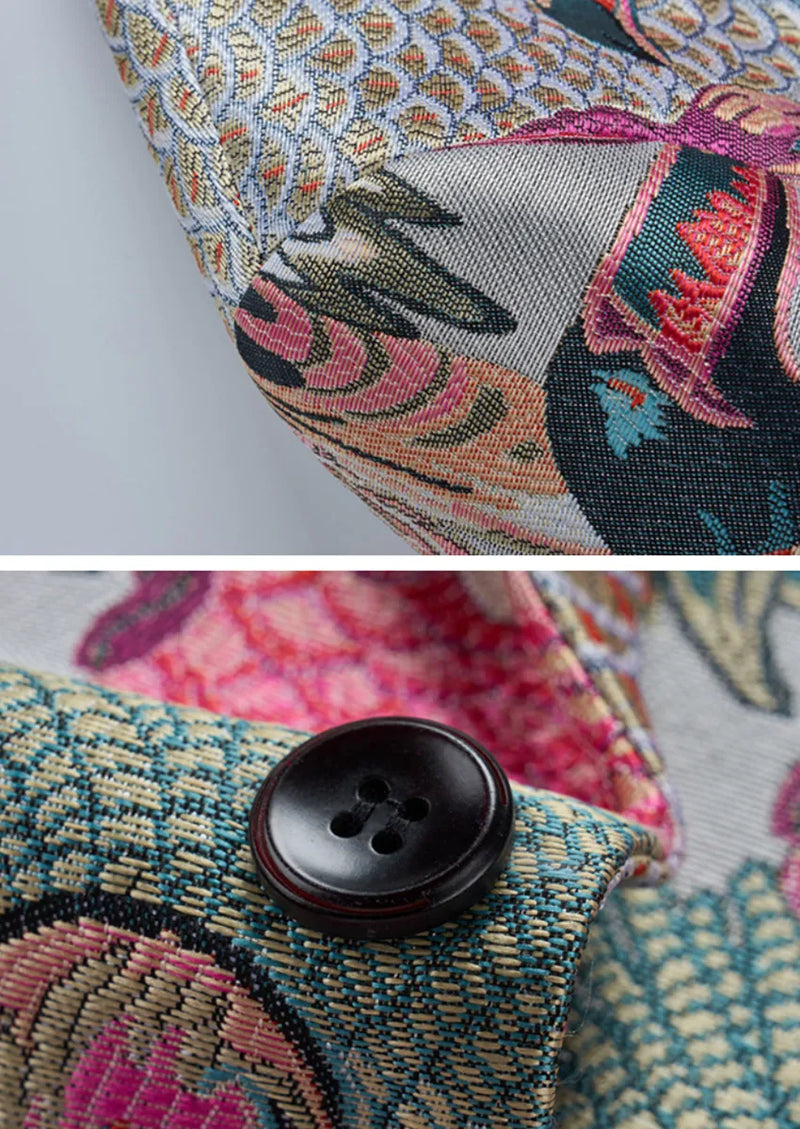 Veste homme en jacquard multicolore à un bouton motif paon