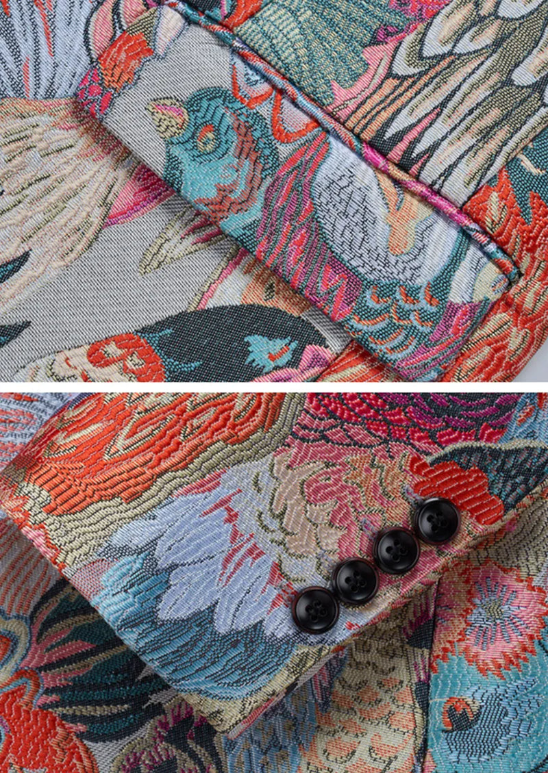 Veste homme en jacquard multicolore à un bouton motif paon