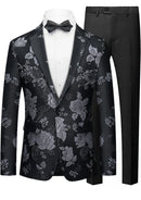 Men's One-Button Slim Fit Silver Jacquard Black Jacket