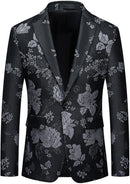 Men's One-Button Slim Fit Silver Jacquard Black Jacket