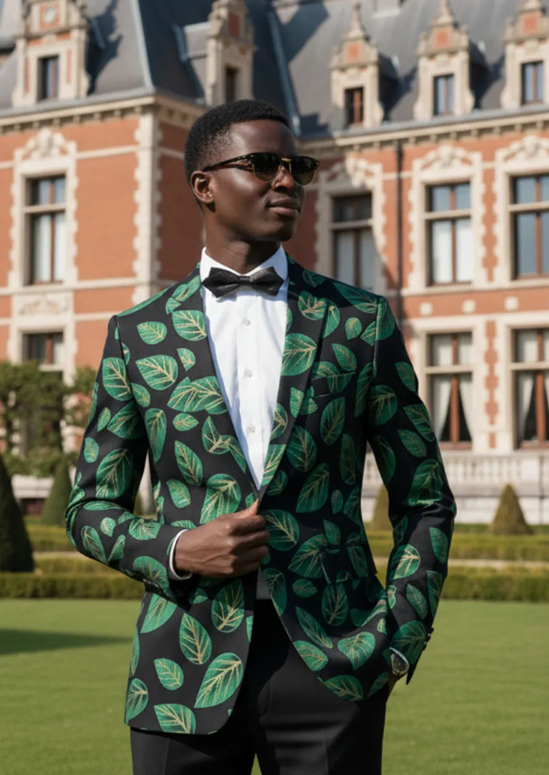 Chaqueta negra de jacquard con hojas verdes y un botón para hombre
