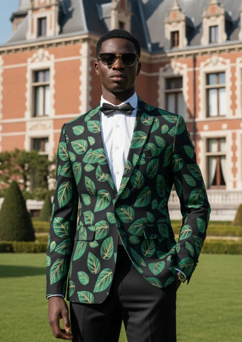 Chaqueta negra de jacquard con hojas verdes y un botón para hombre