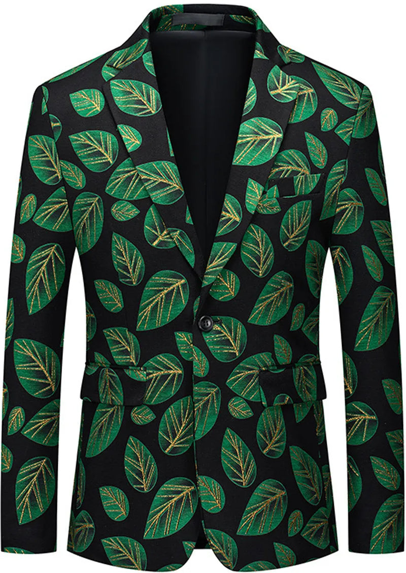 Men's One-button Green Leaf Jacquard Black Jacket