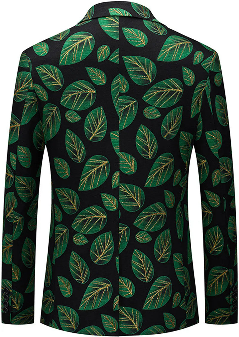 Men's One-button Green Leaf Jacquard Black Jacket