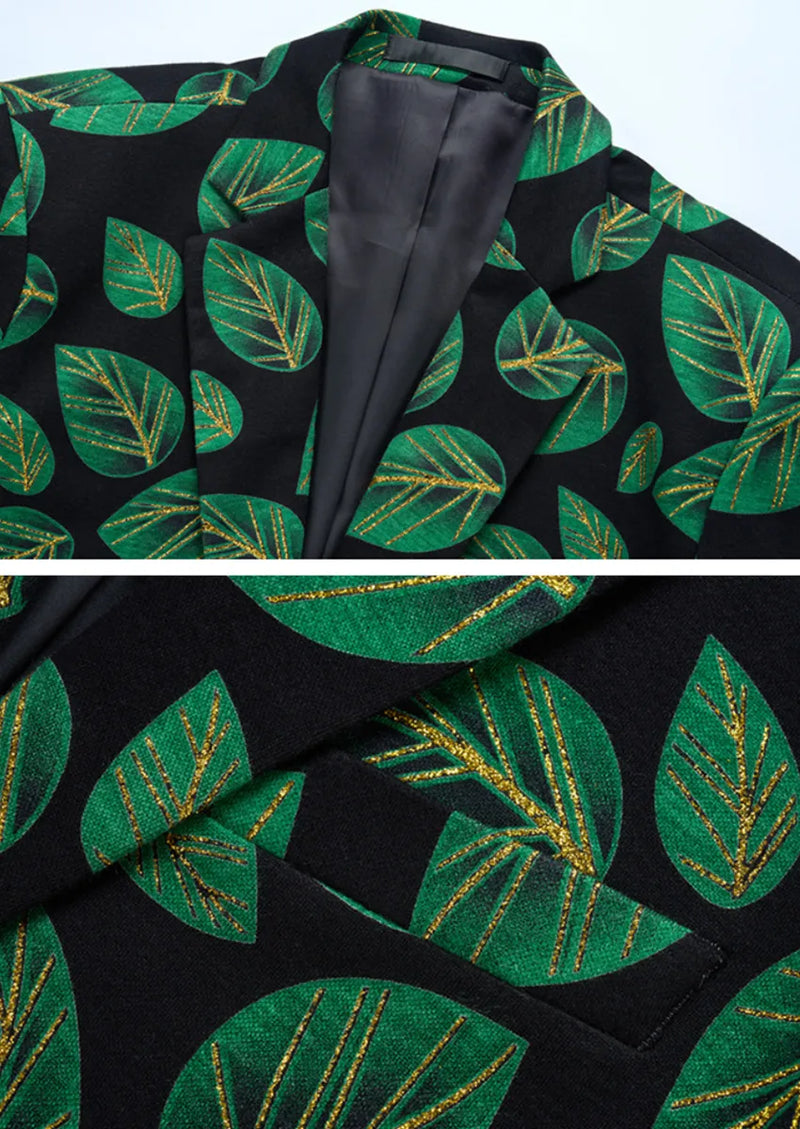 Men's One-button Green Leaf Jacquard Black Jacket