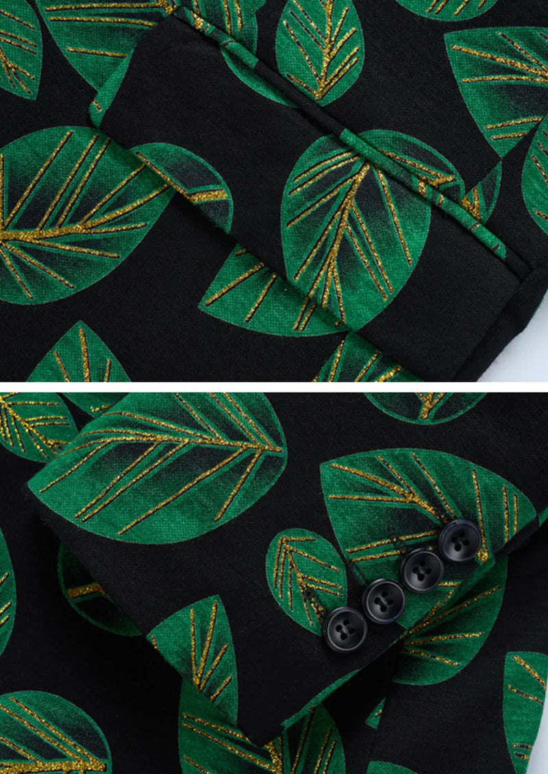 Men's One-button Green Leaf Jacquard Black Jacket