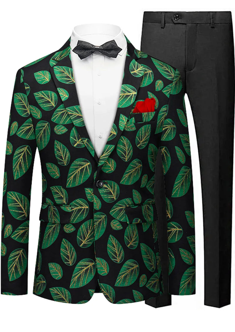 Men's One-button Green Leaf Jacquard Black Jacket