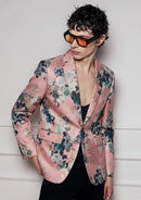 Men's One Button Notched Lapel Blue Jacquard Pink Suit Jacket