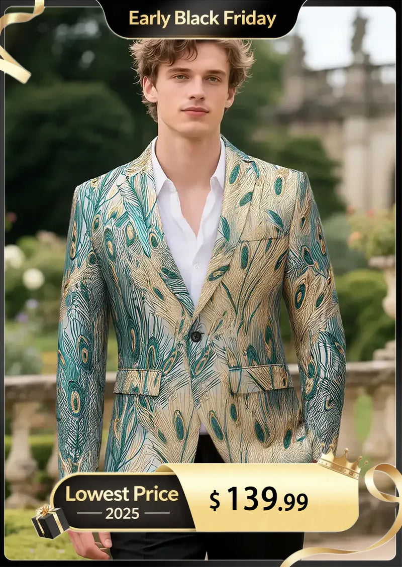 Men's Peacock Plume Jacquard Blazer in Champagne with One Button