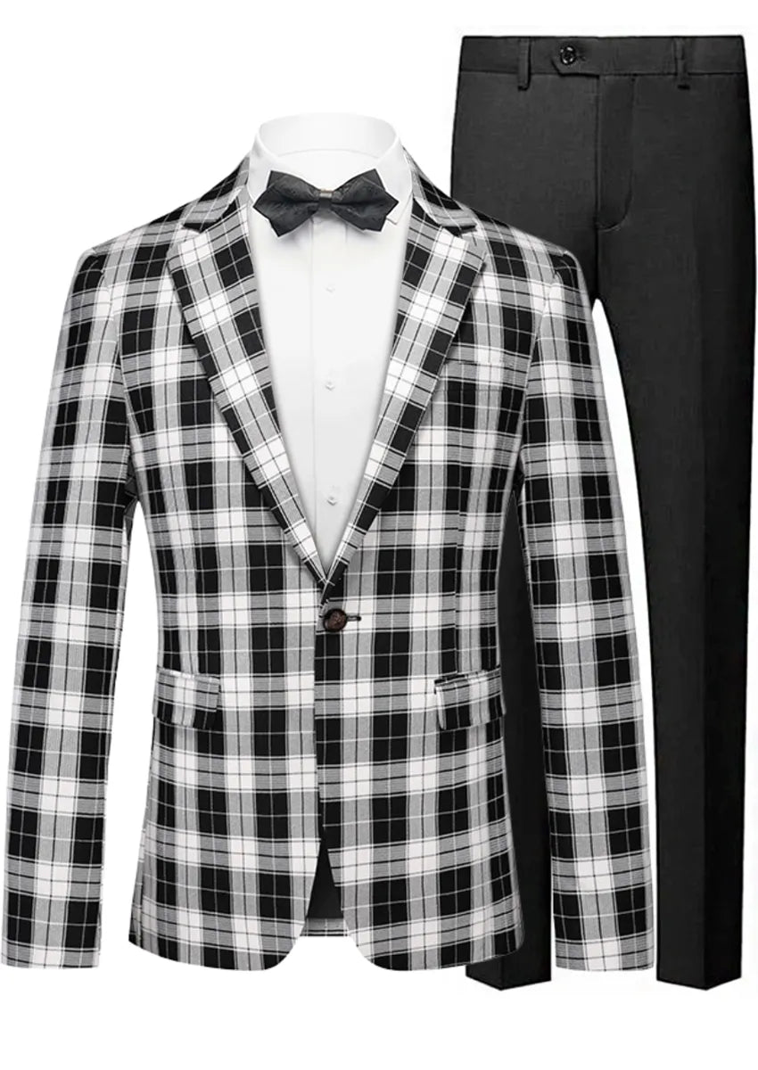 Tuxedo Action Men's Plaid Slim Fit Black and White Check Suit, Black / 36R