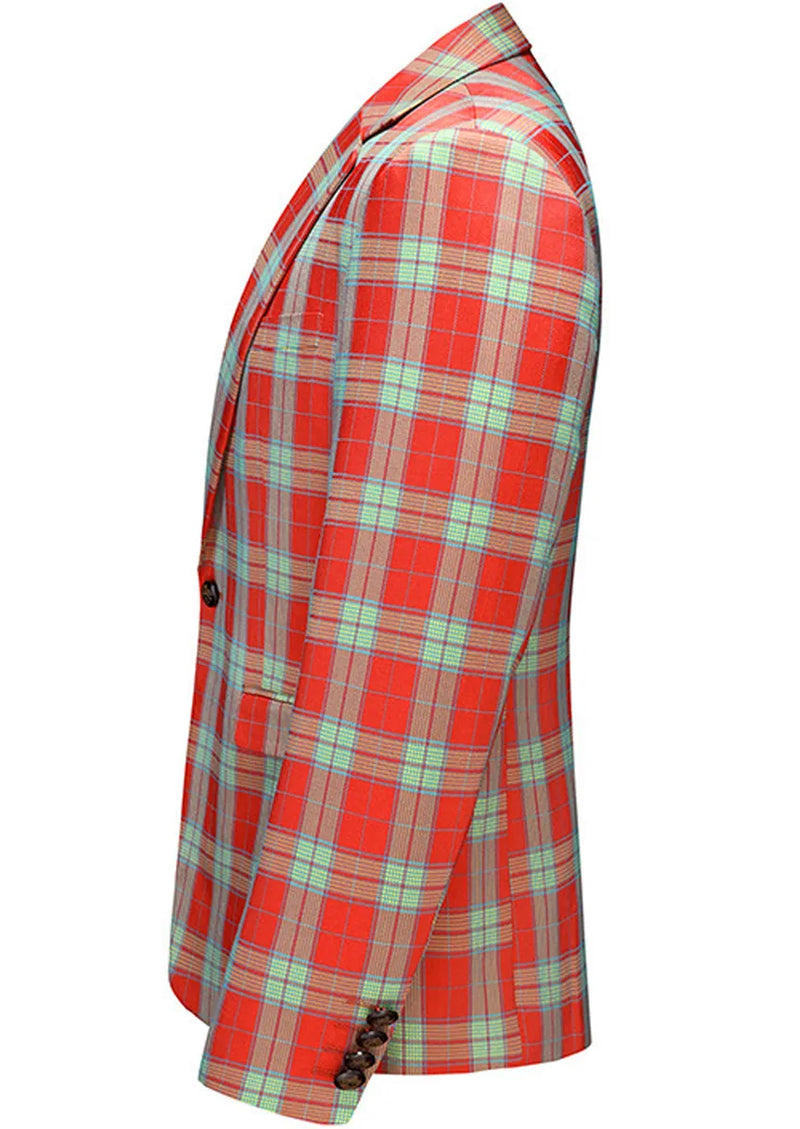 Traje de cuadros rojos y menta de corte entallado para hombre