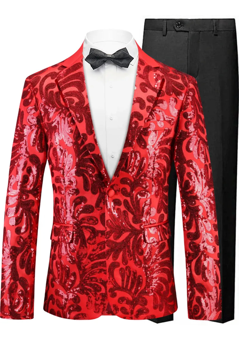 Red patterned suit jacket with black bow tie on a mannequin against a white background