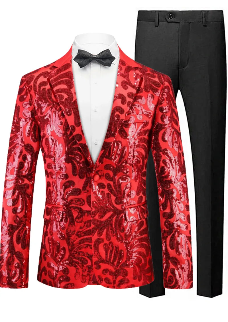 Red patterned suit jacket with black bow tie and pants on a white background