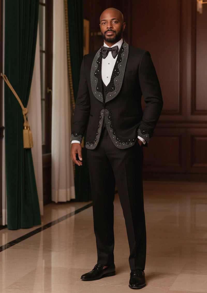 Men's Rhinestone Embellishments 3-Piece Wedding Black Tuxedo Men's Rhinestone Embellishments 3-Piece Wedding Black Tuxedo