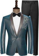 Men's Sequin Embroidered Shawl Lapel Teal blue Tuexdo