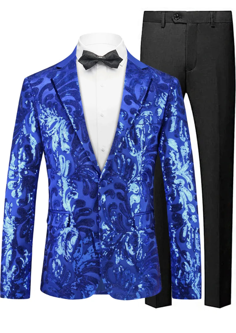 Blue patterned suit jacket with black bow tie and pants on a white background