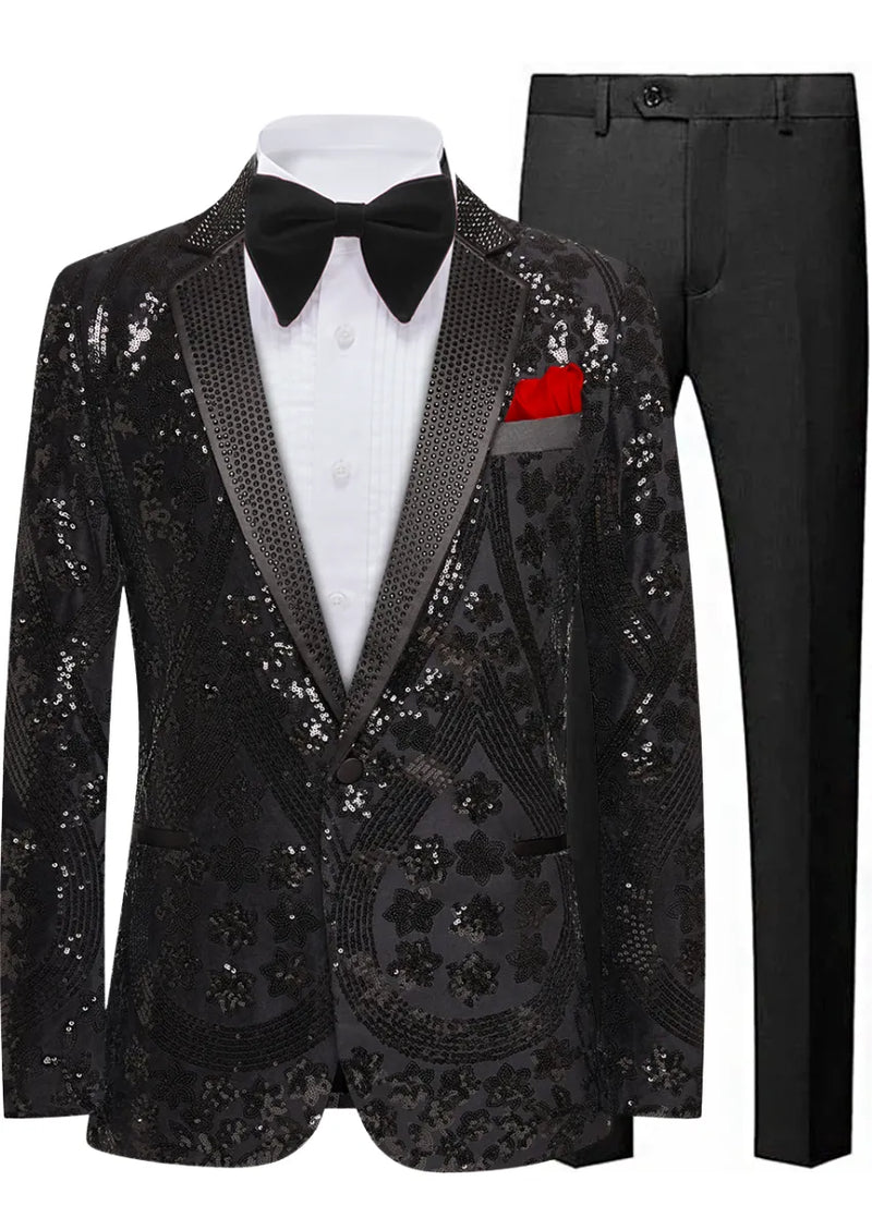 Black sequin blazer with bow tie and pocket square on a white background