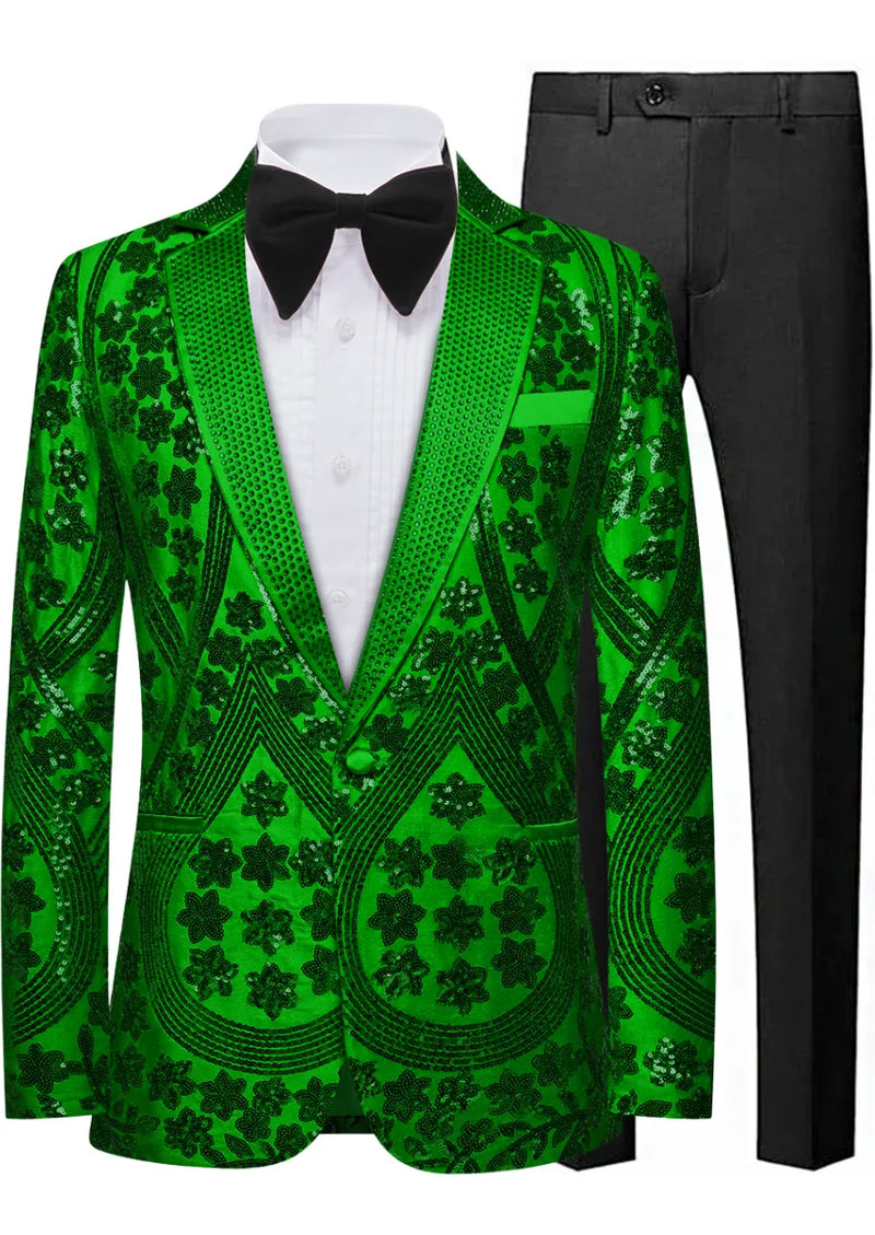 Green sequin jacket with black bow tie and pants on a white background