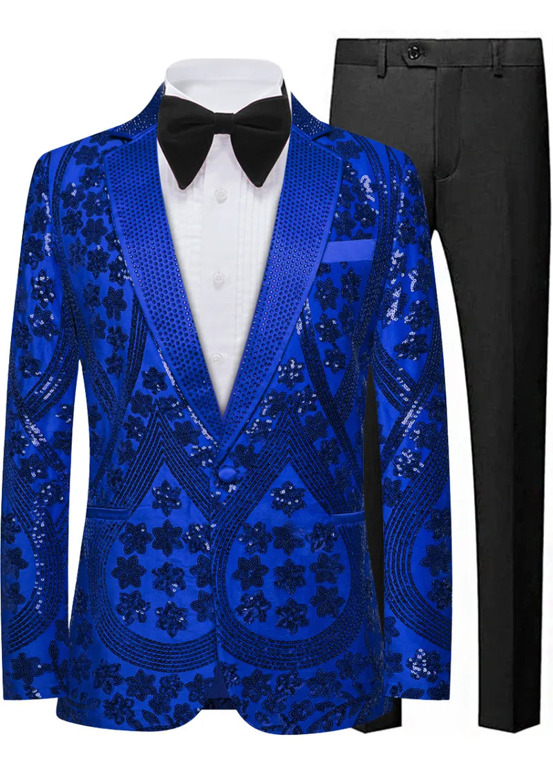 Blue sequin blazer with black bow tie and pants on a white background