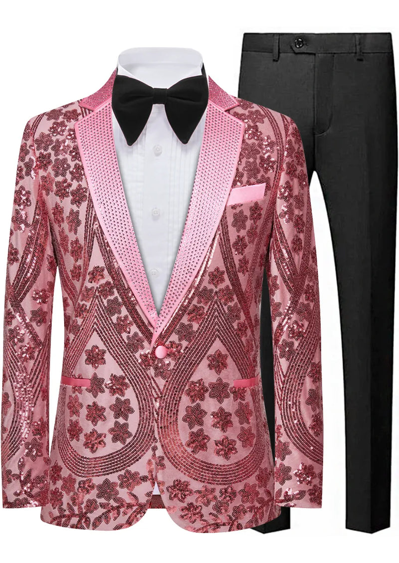 Pink patterned tuxedo jacket with black bow tie and pants on a mannequin.