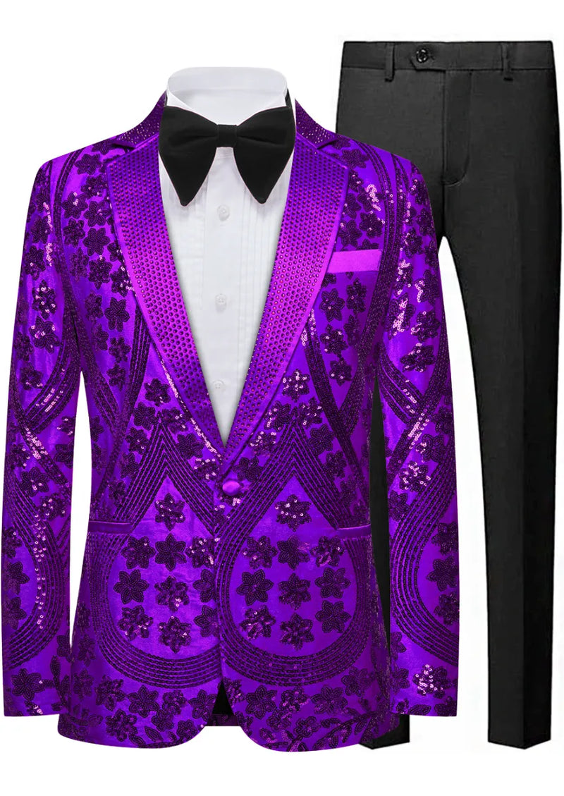 Purple sequin blazer with black bow tie and pants on a white background