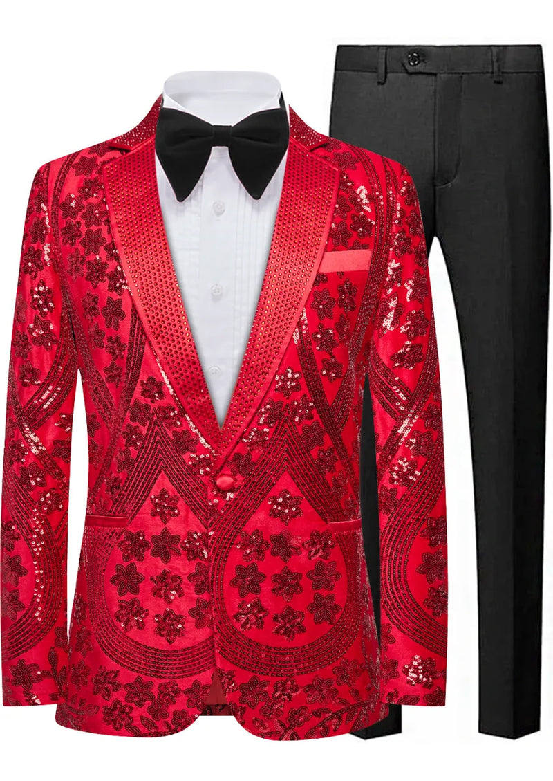 Red sequin jacket with black bow tie and pants on a white background