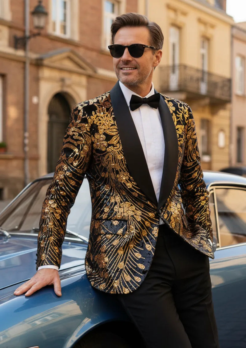 Chaqueta de lentejuelas para hombre con estrellas fugaces doradas