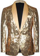 Smoking homme à col châle et paillettes dorées hexagonales