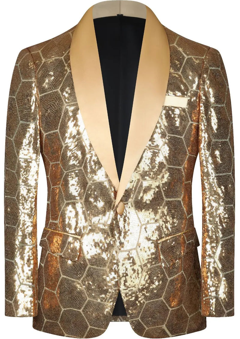 Men's Shawl Collar Hexagonal Gold Sequin Tuxedo