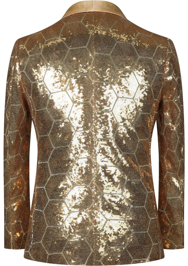 Men's Shawl Collar Hexagonal Gold Sequin Tuxedo