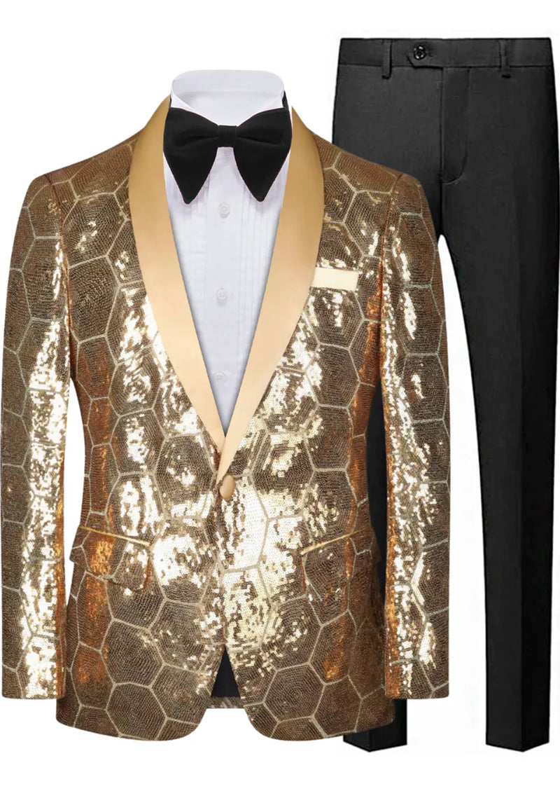 Men's Shawl Collar Hexagonal Gold Sequin Tuxedo