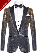 Gold sequin tuxedo jacket with black lapels on a mannequin against a white background.