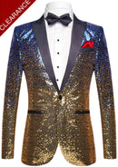 Gold sequin tuxedo jacket with black lapels and a white shirt on a mannequin.