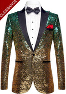 Gold sequin tuxedo jacket with black lapels and a red pocket square on a white background.