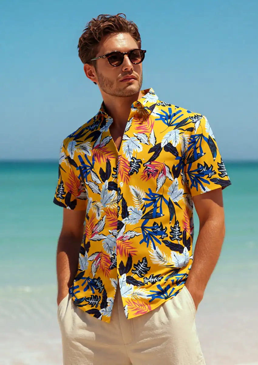 Men's Short Sleeve Hawaiian Shirt Wrinkle-free and Breathable Lemon Ye