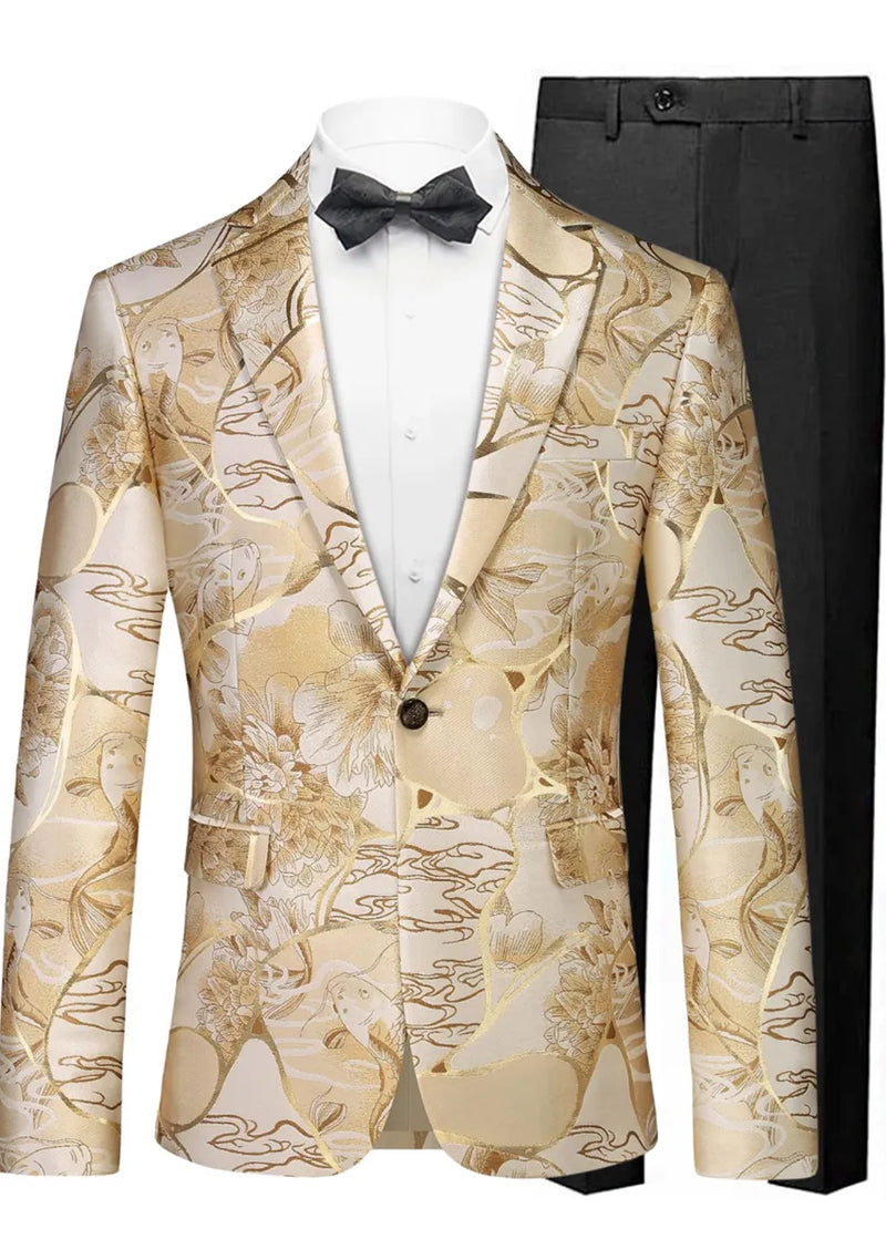 Gold patterned tuxedo jacket with black bow tie on a white background